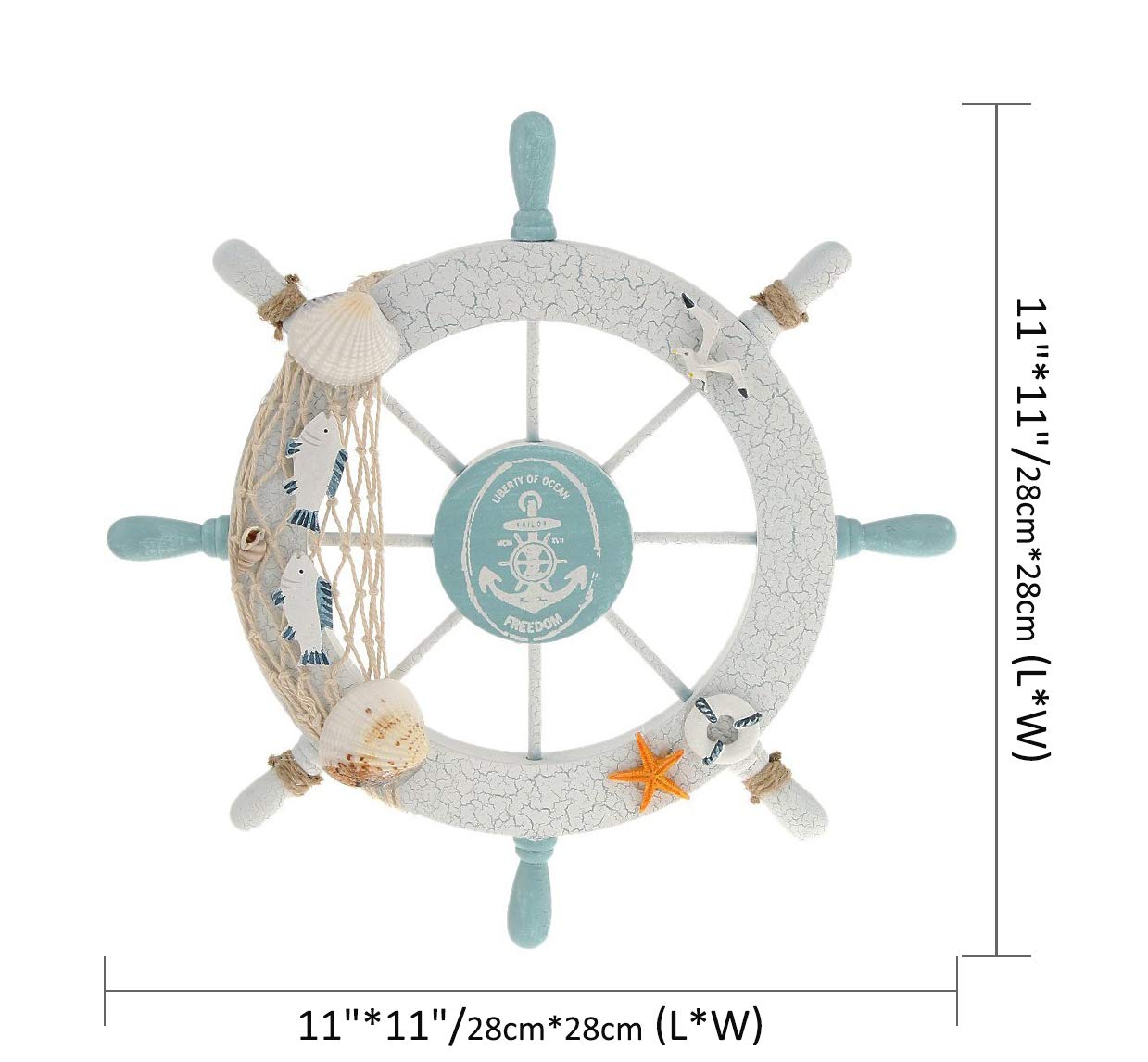 Rienar Nautical Beach Wooden Boat Ship Steering Wheel Fishing Net Shell Home Wall Decor White - Fish