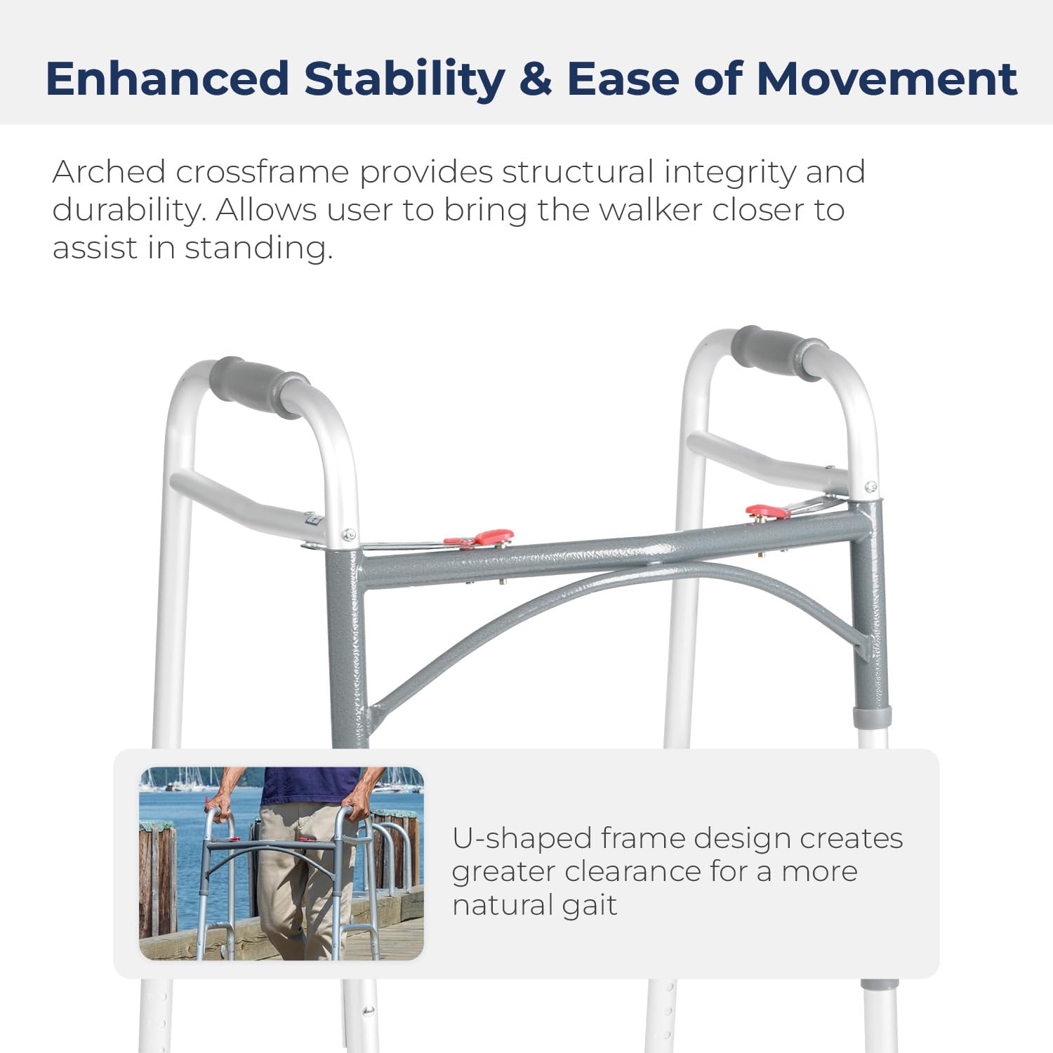 Drive Medical 2-Button Standard Foldable Walker for Seniors & Adults - Adjustable Legs - Lightweight Aluminum Construction - 350 Lb Weight Capacity - Basic Walking Aid - Silver