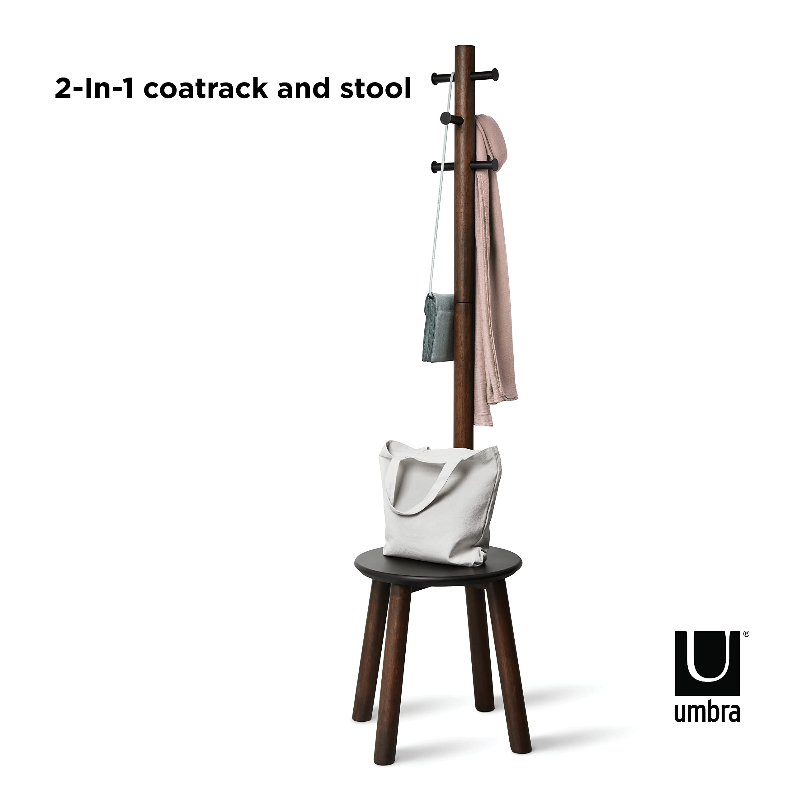 Umbra Pillar Coat Rack, Stool, Black/Walnut