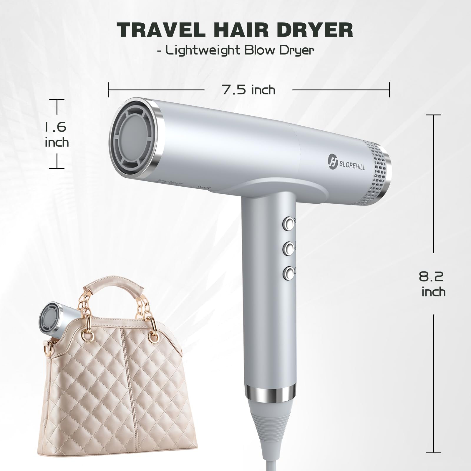Slopehill Professional Hair Dryer With Diffuser, Ionic, Powerful & Fast Salon Blow Dryer, 110,000 RPM Brushless Motor, Light & Compact for Home Travel (Silver)