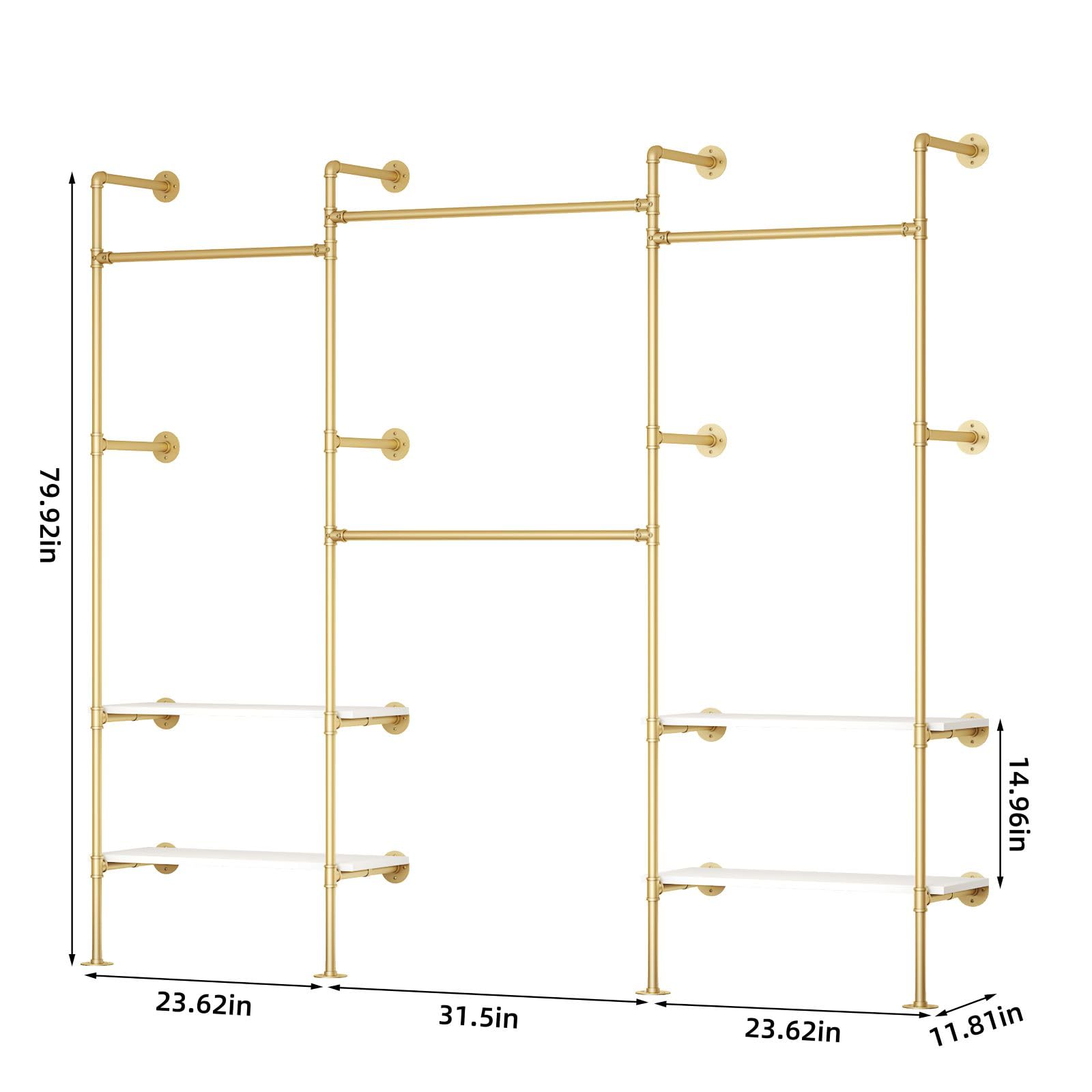 Woskar Industrial Pipe Clothing Rack, Wall Mounted Clothes Rack for Hanging Clothes, Retail Display Rack with Shelves, Add Corner installation Method (Gold, III-2Tier)