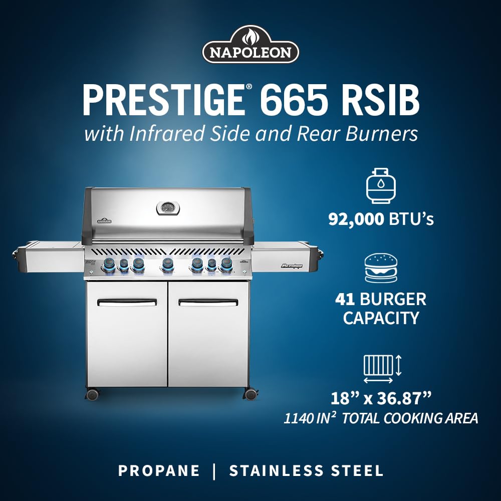 Napoleon P665RSIBPSS Prestige RSIB Propane Gas Grill, 665 sq. in + Infrared Side and Rear Burner, Stainless Steel