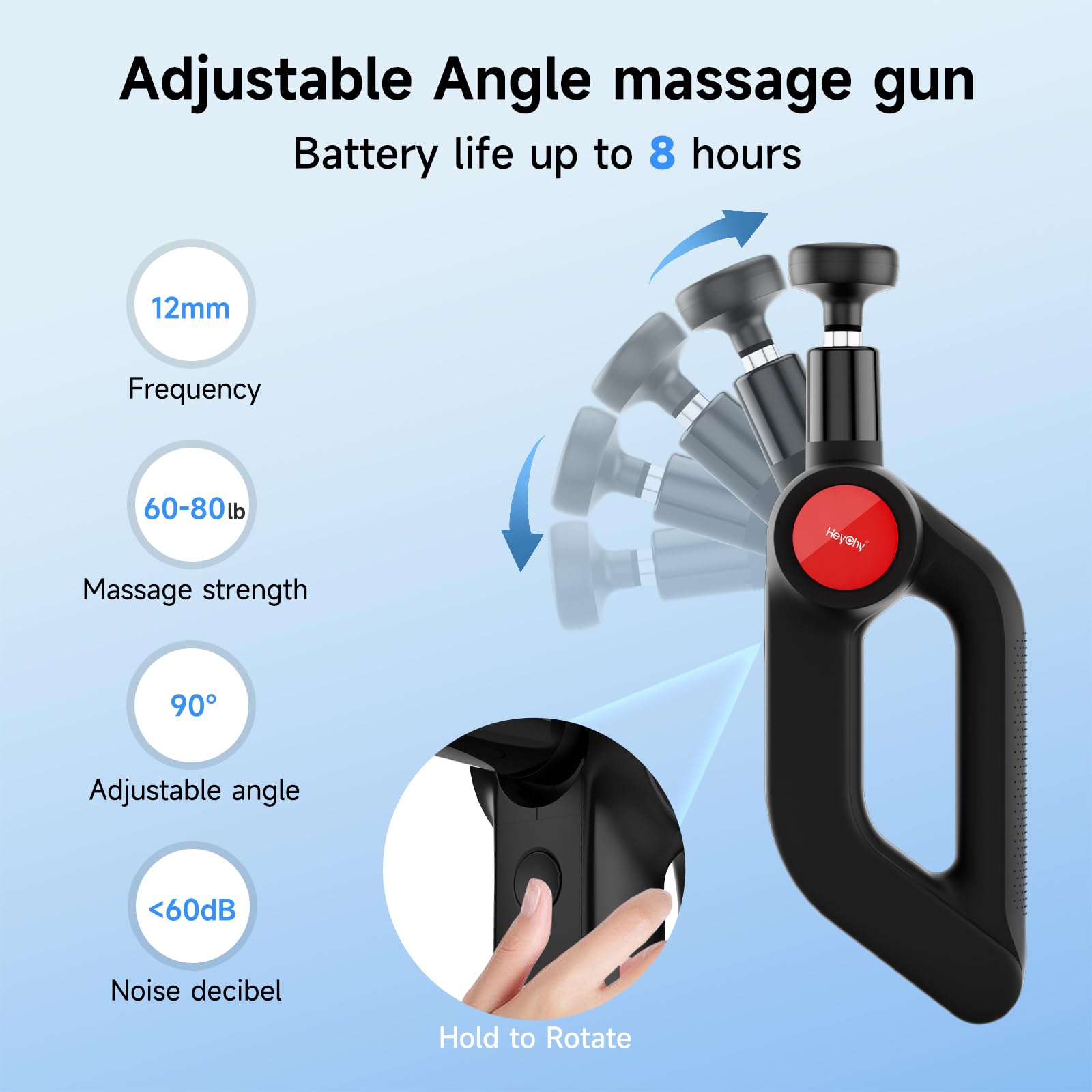 HEYCHY Massage Gun Deep Tissue with Heat, 90°Adjustable Percussion Massager with 12mm Amplitude, Type-C Charging, Carry Case, 4 Speed Modes for Athletes Workout Pain Relief, New Year Gifts (Black)