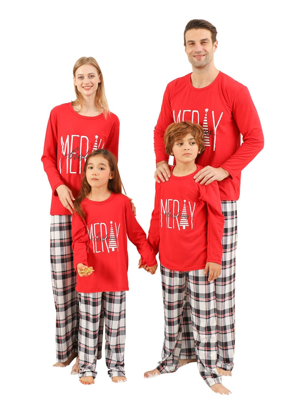 VNVNE Christmas Pajamas for Family Pjs Matching Sets, Red Merry Christmas Printed Top and Plaid Pants Holiday Pajamas for Women/Men/Couples(Youth,6-8T)