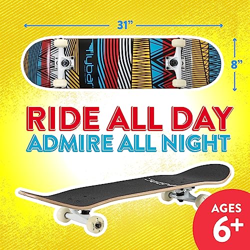 Flybar Complete Skateboard for Beginners – 31 Inch Kids Skateboard, 7 Ply Maple Wood Concave Double Kick Skateboard Deck, Lightweight, Non-Slip, for Boys and Girls, Ages 6 and Up (Aztec 31)