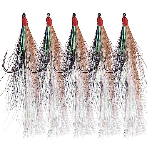 Fishing Bucktail Teaser Hooks,5pcs Saltwater Fishing Jig Teaser Lures with Carbon Steel Hooks Crystal Flash Flounder Rigs for Salmon Trout Sea Bass Steelhead