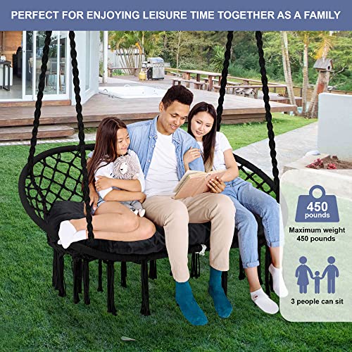Homgava Hammock Chair Macrame Hanging Swing with Cushion,Hanging Cotton Ropes, Metal Frame, 450 lbs Capacity Indoor Outdoor, Patio, Balcony, Living,Deck, Yard, Garden(Double Swing)