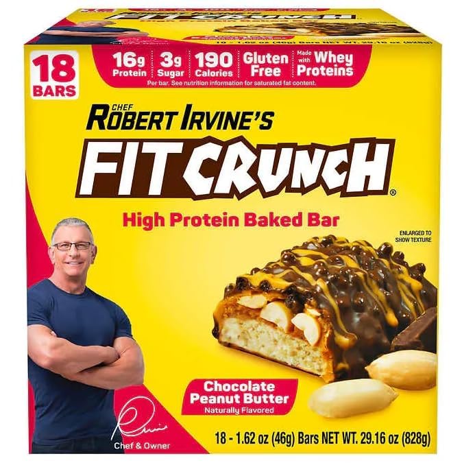 Chef Robert Irvine’s Fitcrunch Whey Protein Bars, 18-count, 1.62oz, Chocolate Peanut Butter