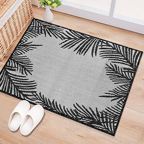 Rugshop Tropical Floral Palm Leaves Textured Flat Weave Easy Cleaning Outdoor Rugs for Deck,Patio,Backyard Indoor/Outdoor Area Rug 2' x 3' Black