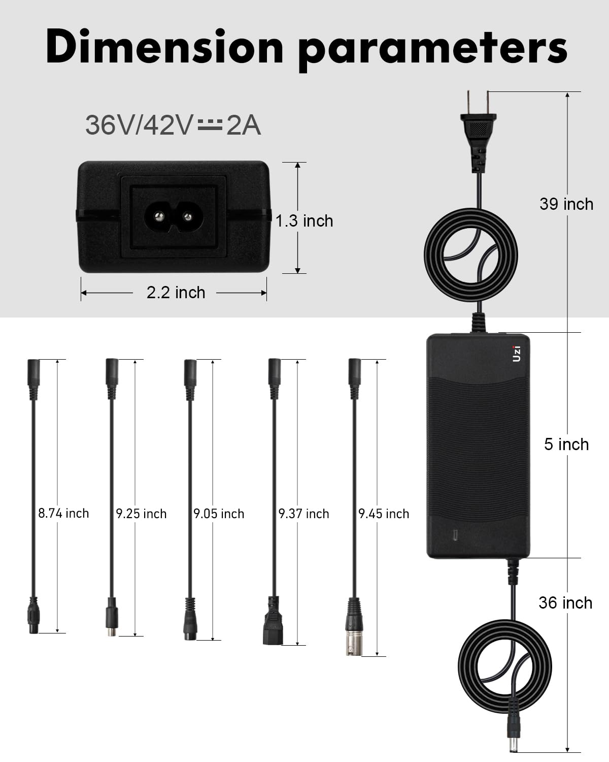 UZI 42V 2Amp Charger (6 Plugs Universal) for Fast and Safe Charging of 36V Li-ion Battery for Electric Scooter/E-Bike/Bicycle/Pedicab,etc.