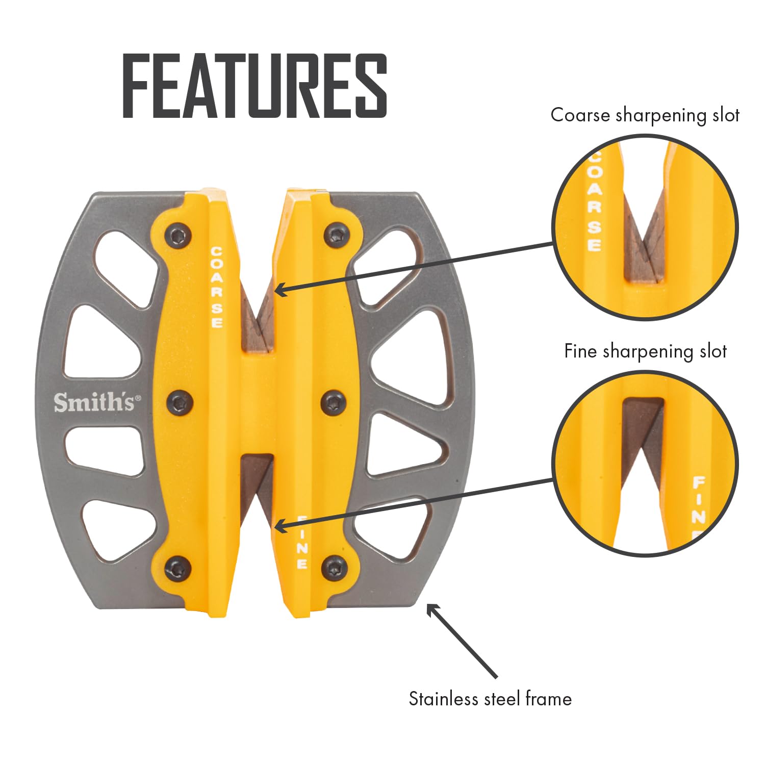 Smith’s 51176 Stainless Steel 2-Step Knife Sharpener | Yellow | Preset Coarse & Fine Slots | Outdoor Handheld Knife Sharpener | Fishing, Hunting, Filet, Pocket Knives | Portable Compact Keychain Tool