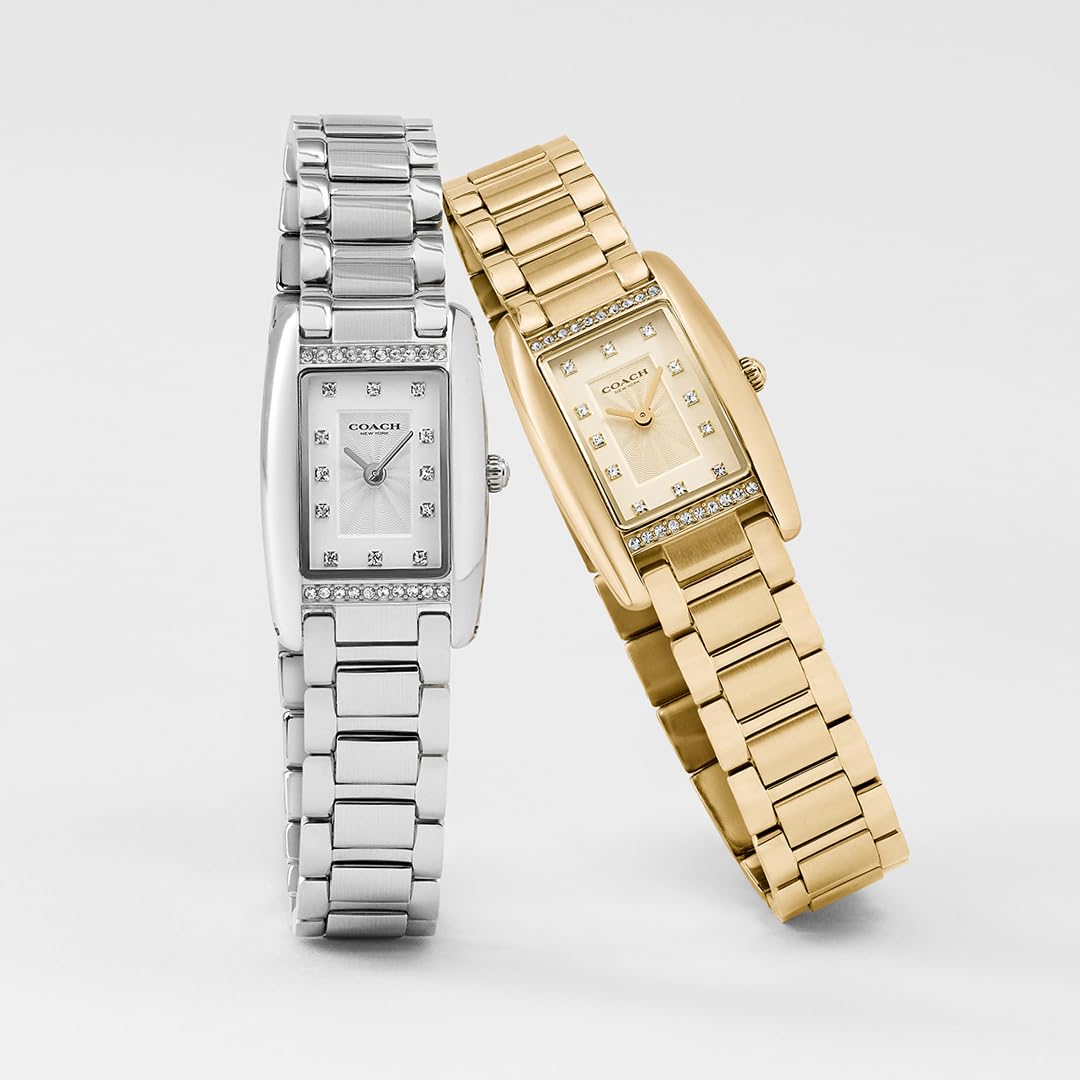 Coach Women's Reese 2H Quartz Watch, Petite Rectangle Case, Stainless Steel Link Bracelet with Crystal Accents, Timeless Minimalism for Every Day - Gift for Her