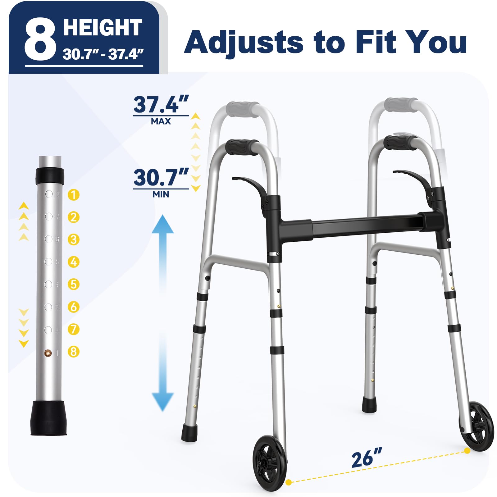 HolyHeal Folding Walkers for Seniors with 2 Skis and 5" Wheels, Lightweight Adult Rolling Walker, Supports Up to 350 Pounds, Adjustable Height, Aluminum Standard Walker, Silver