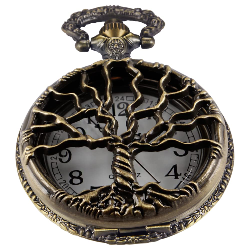 Whodoit Vintage Bronze Pocket Watch Tree Hollow Quartz Watch Men Pendant Necklace Gifts Watches