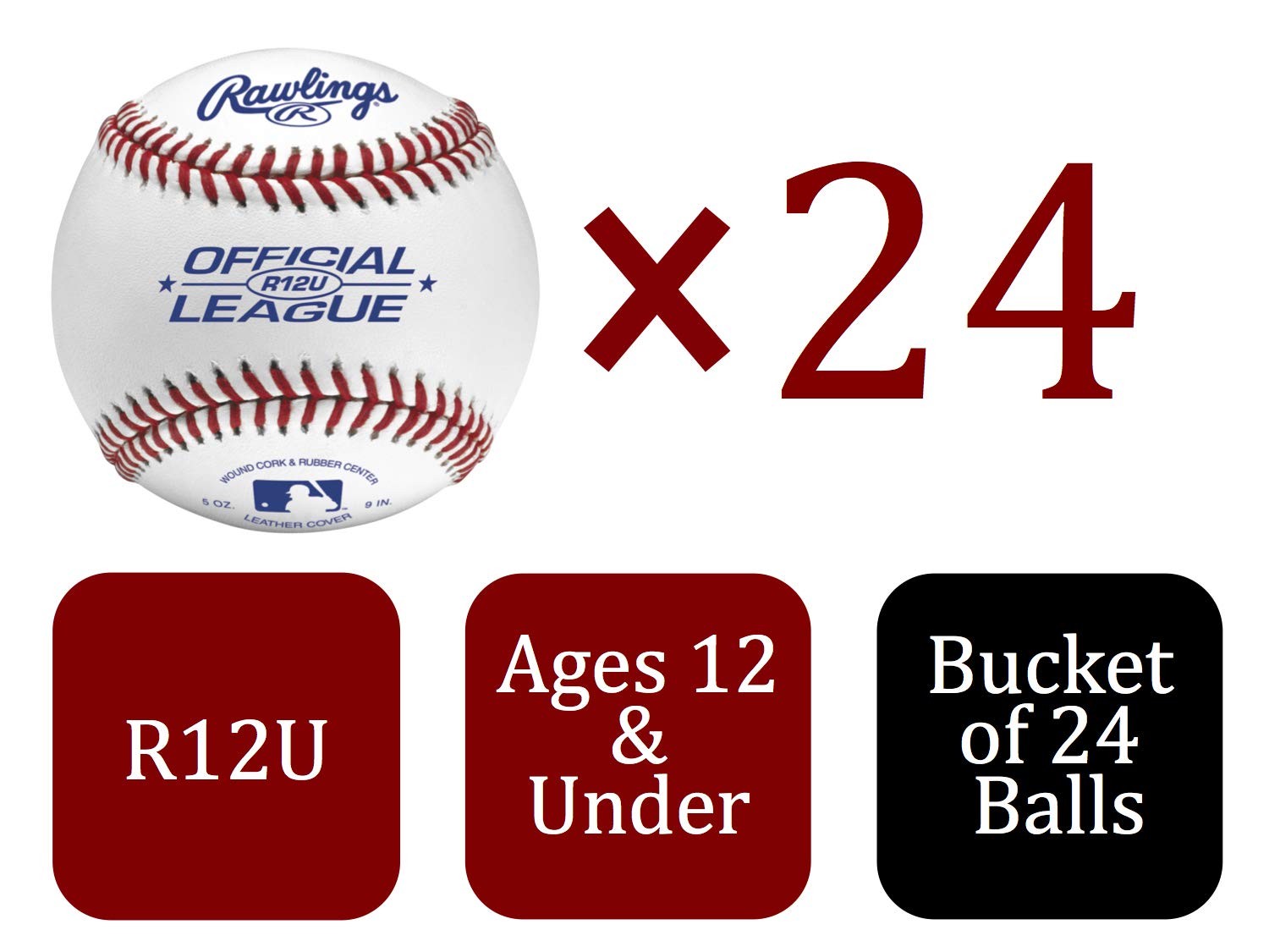 Rawlings | GAME USE Baseballs | Youth/12U | Game/Practice Use | Bucket , 28 oz, white, 24 Count(Pack of 1)