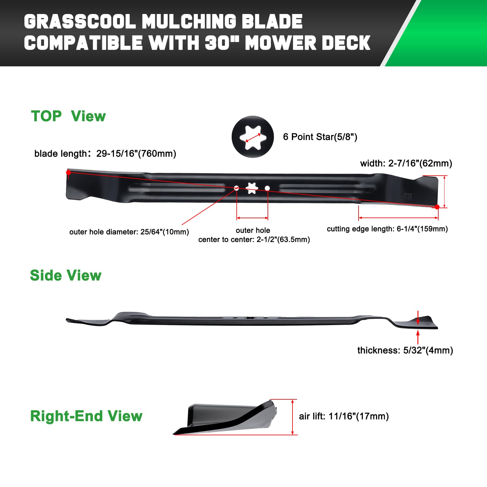 Grasscool TB30 30 inch Mower Blade for Troy Bilt TR30 TB30R Cub Cade CC30 CC30H Craftsman R1000 RER1000 R1500 30'' Deck Mower Replace for 942-04385 742-04385