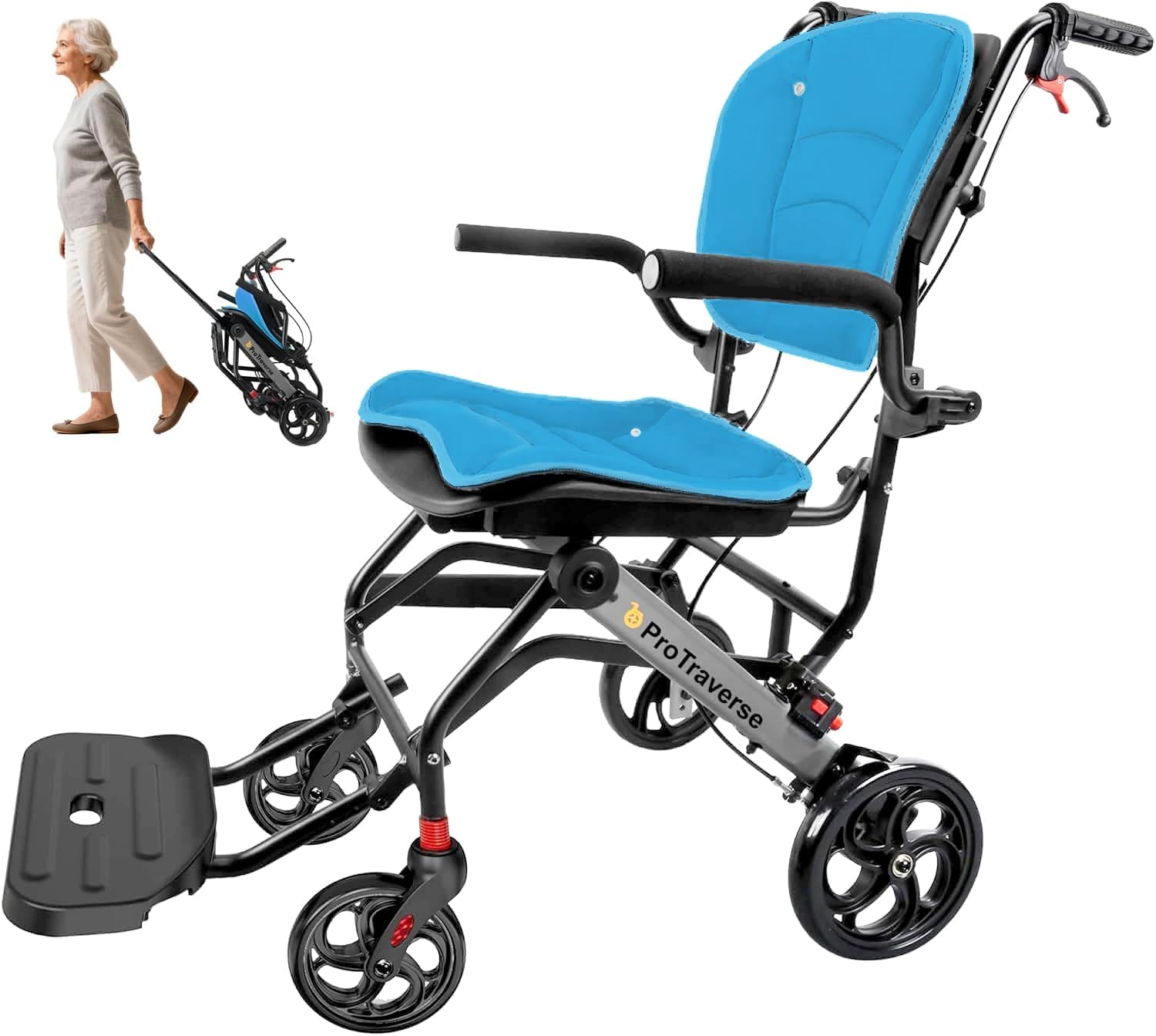 ProTraverse Wheelchairs for Adults,Transport Wheelchair Lightweight Foldable with Removable Cushion,Transport Chair,Ergonomic Travel Wheelchair with Telescopic Handle,Gifts for Grandpa,Blue