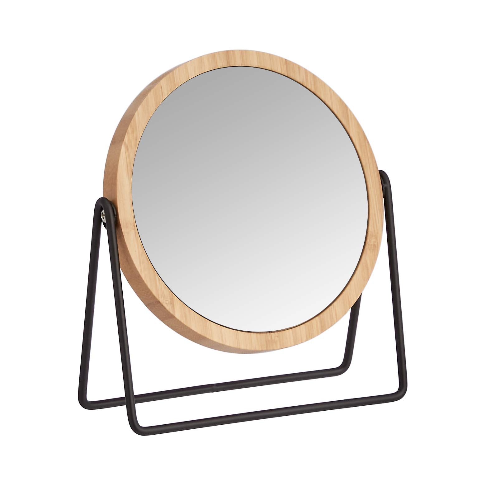 Amazon Basics Vanity Round Mirror with Bamboo Rim, Magnification, Tabletop Mount, Black, 7.2"L x 2.87 "W