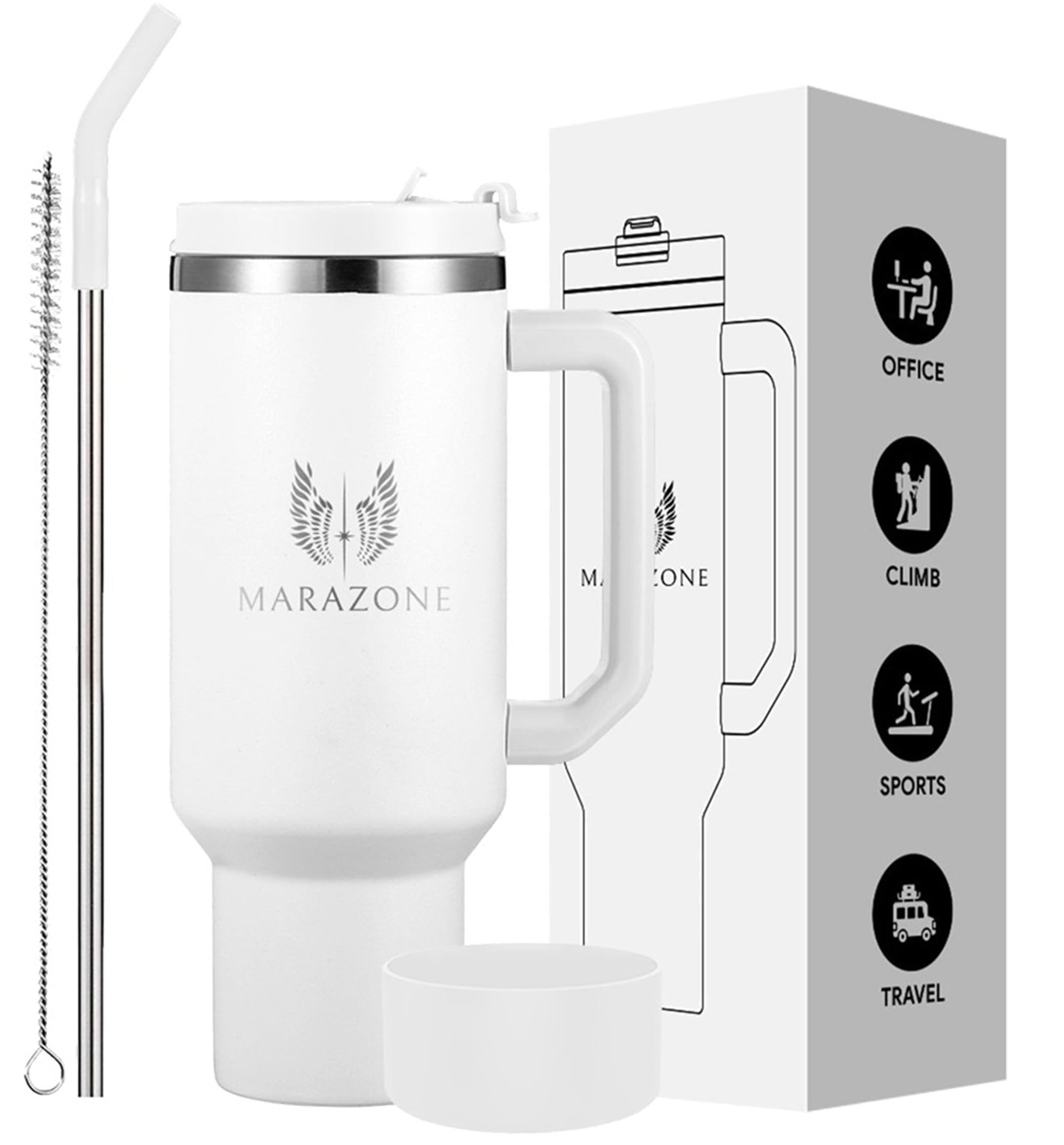 MARAZONE 40oz Stainless Steel Tumbler with Handle and straw - Insulated Leak Proof Tumbler/Coffee Thermos with Lid, Cleaner & Silicone Boot/Gifts for Her Him/Stainless Steel Water Bottles(Angel White)