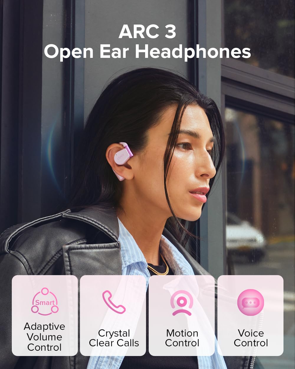 Cleer ARC 3 Open Ear Headphones - Dolby Audio, Snapdragon Sound True Wireless Earbuds, 50Hr Battery, Bluetooth 5.4, IPX 7, Multi-Point, Smart Controls, Wireless Charging Smart Case, Comfort Fit, Pink