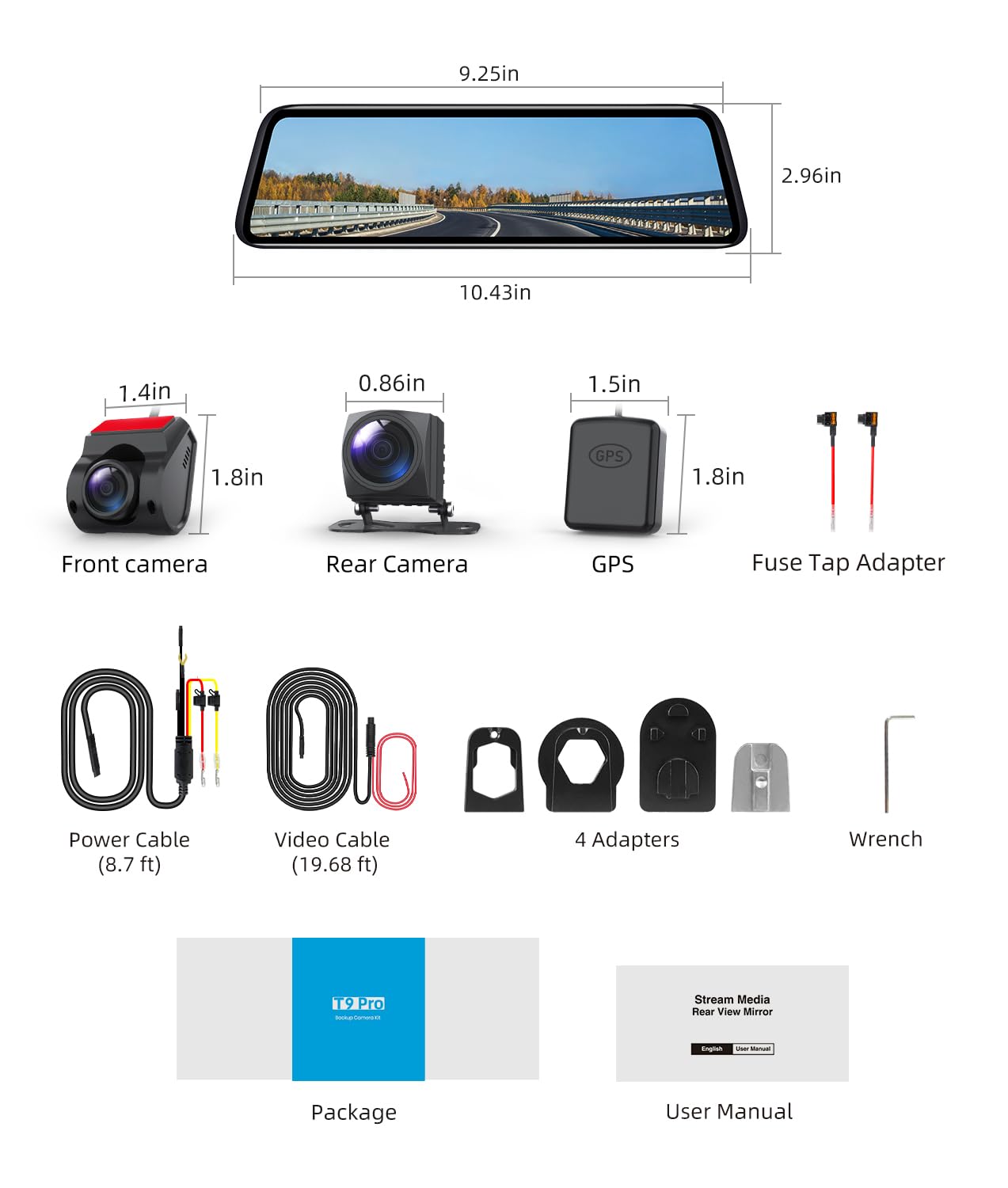 AUTO-VOX T9PRO OEM Rear View Mirror Camera with Detached Front Lens, 9.35" Full Laminated Touch Screen Mirror Dash Cam Front and Rear with No Glare, Super Night Vision Backup Camera for Car/Truck