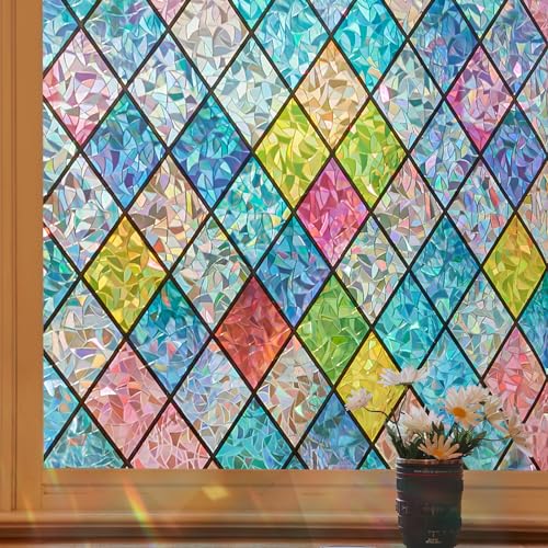 Coavas Stained Glass Window Privacy Film for Glass Upgrade Decorative Bathroom Window Cling Non Adhesive 3D Rainbow Colorful Sticker Static Cling Door Privacy Film Day and Night Rainbow,17 x 39.4inch