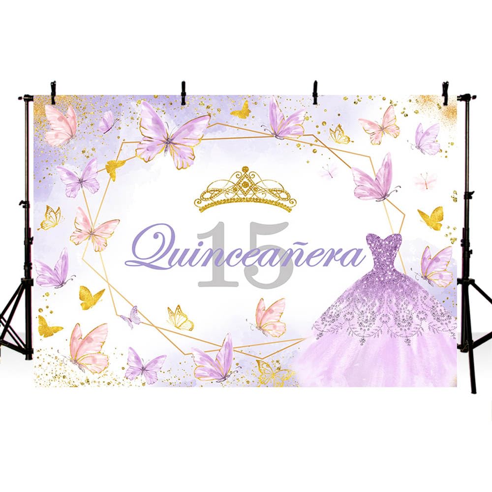 AIBIIN 7x5ft Quinceanera 15th Birthday Backdrop for Photography Purple 15th Birthday Party Decorations Background for Girls Crown Princess Dress Butterfly Banner Photo Props