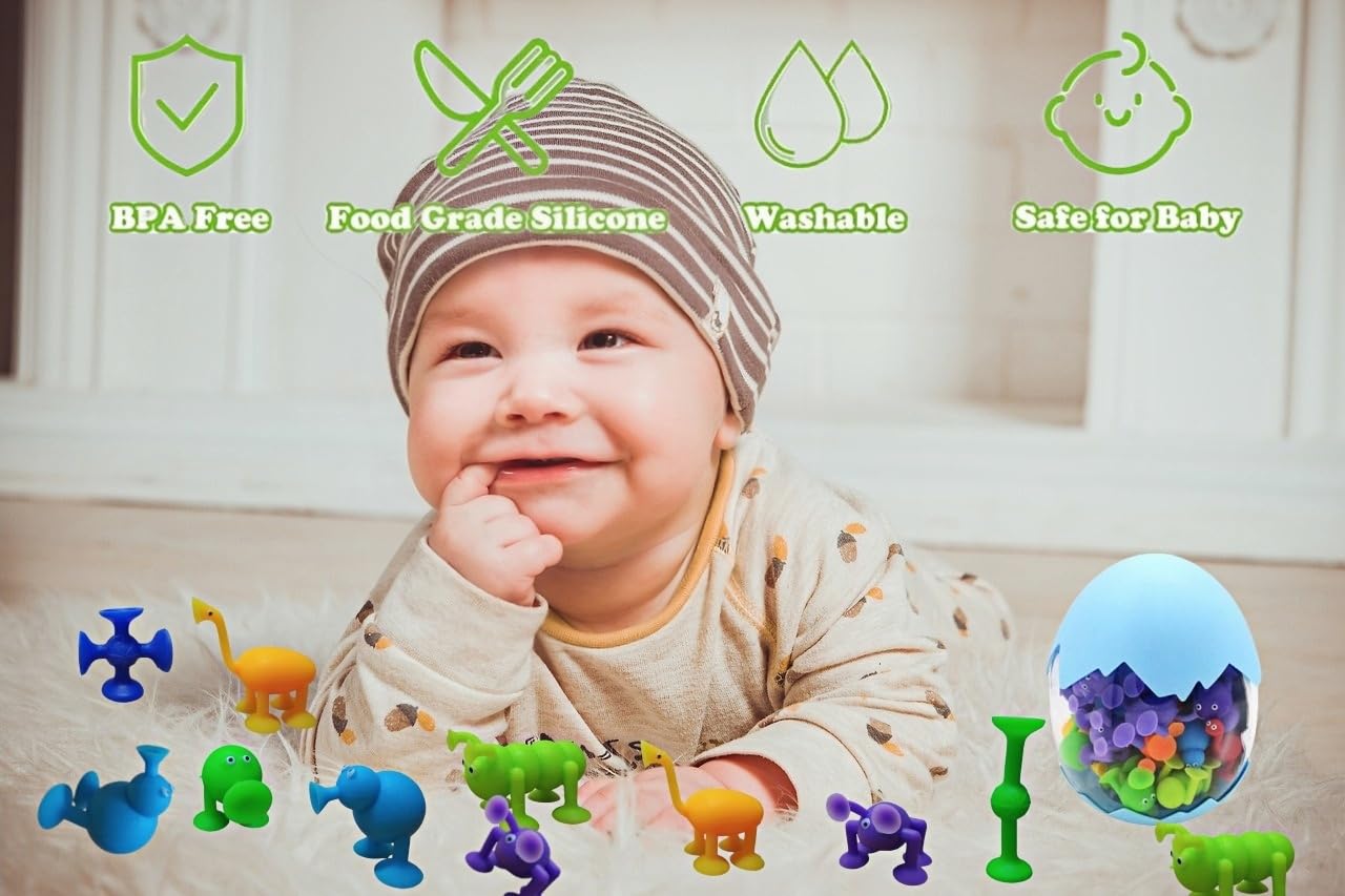 Carastora 38-Piece Suction Bath Toys – Silicone Mold-Free Sensory Toys with Storage Box & Eggshell, for Kids Ages 3-6