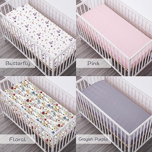bimocosy Fitted Crib Sheets Girl Boy 4 Pack, Size 28"x 52" for Standard Crib and Toddler Mattresses, Super Soft Breathable Microfiber Baby Crib Mattress Sheet, Butterfly/Floral/Pink/Purple
