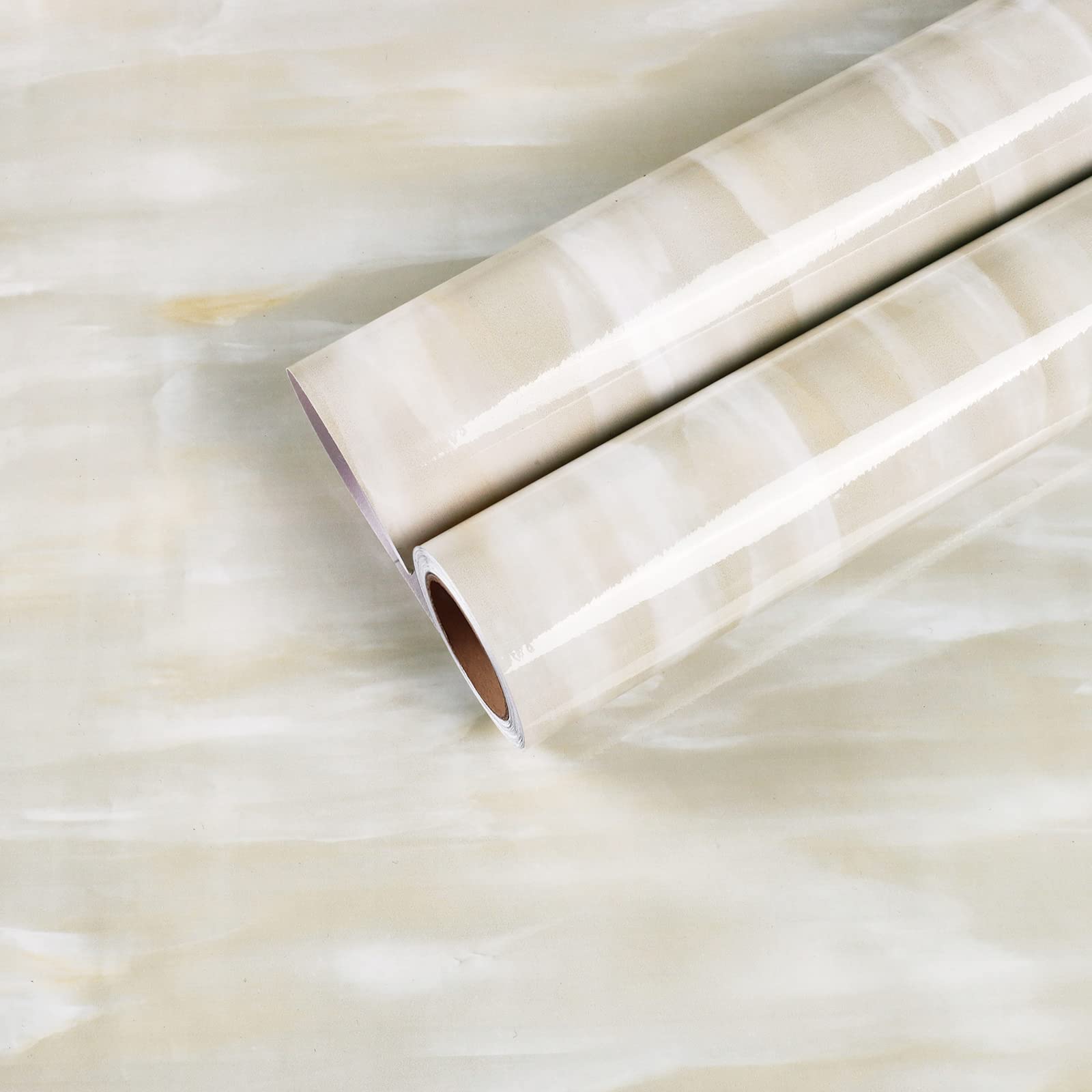 CHIHUT 17.7"x236" Beige Marble Countertop Peel and Stick Countertops Waterproof Self Adhesive Vinyl Beige Marble Wallpaper Glossy Removable Kitchen Wallpaper for Tables Countertop Covers Bathroom