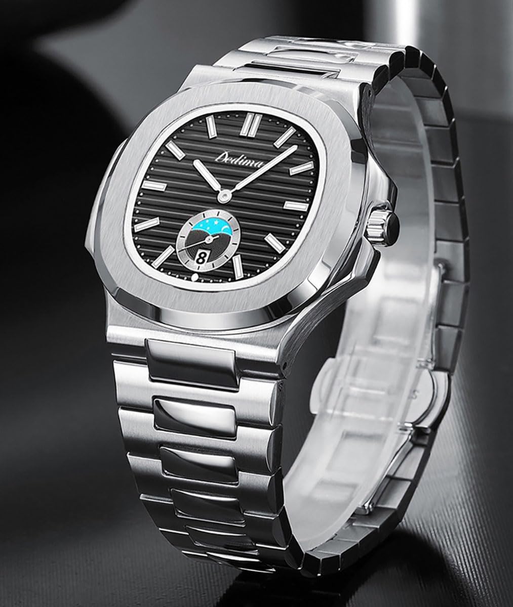 BESTKANG Men's Octagonal Stainless Steel Watch Luminous Quartz Watch Business Wristwatch (Black)