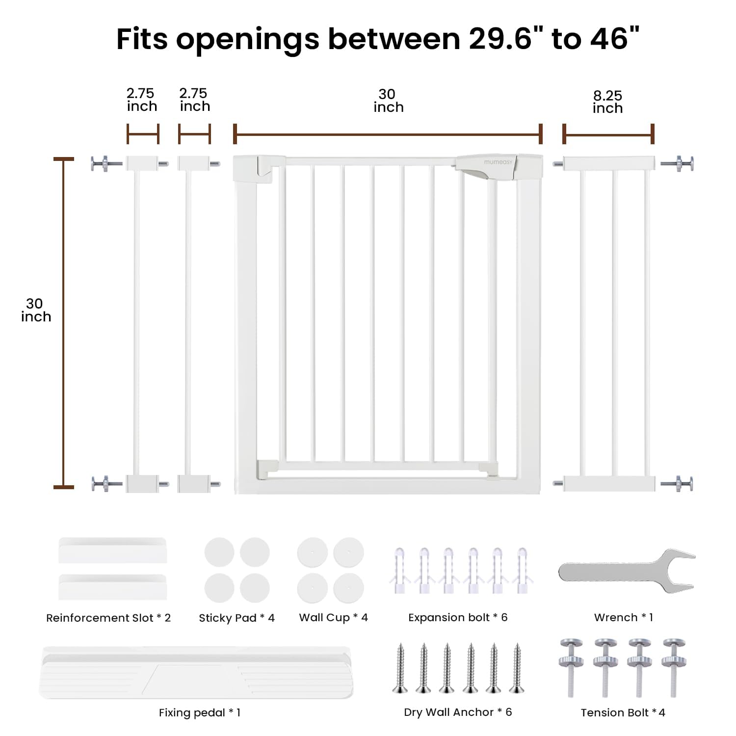 Mumeasy Baby Gate for Stairs - 29.6-46" Auto Close Dog Gate for Doorways, Extra Wide Child Gate Indoor, Walking Through Safety Gate for Kid, Pet Gates No Drilling White, Mom's Choice Awards Winner