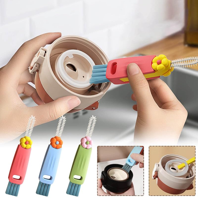 3 in 1 Cup Lid Cleaning Brush, 2024 New Crevice Cleaning Brush Set for Baby Bottle Gap Tight Spaces Cup, 3 in 1 Multifunctional Cleaning Brush Portable Cup Lid Cleaner with Brush(E)