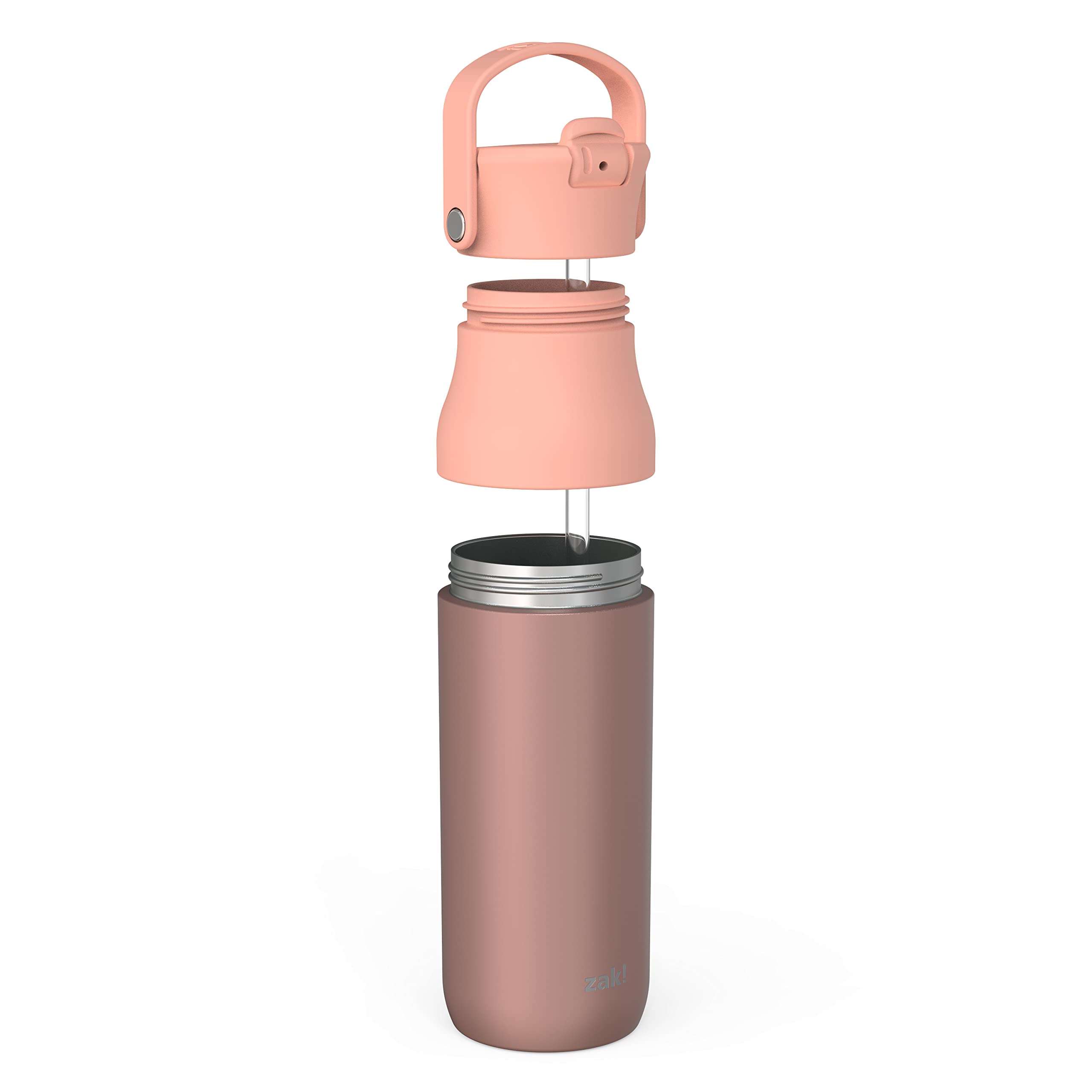 Zak Designs Harmony Water Bottle for Travel or At Home, 32oz Recycled Stainless Steel is Leak-Proof When Closed and Vacuum Insulated with Straw Lid and Carry Handle (Coral Pink)