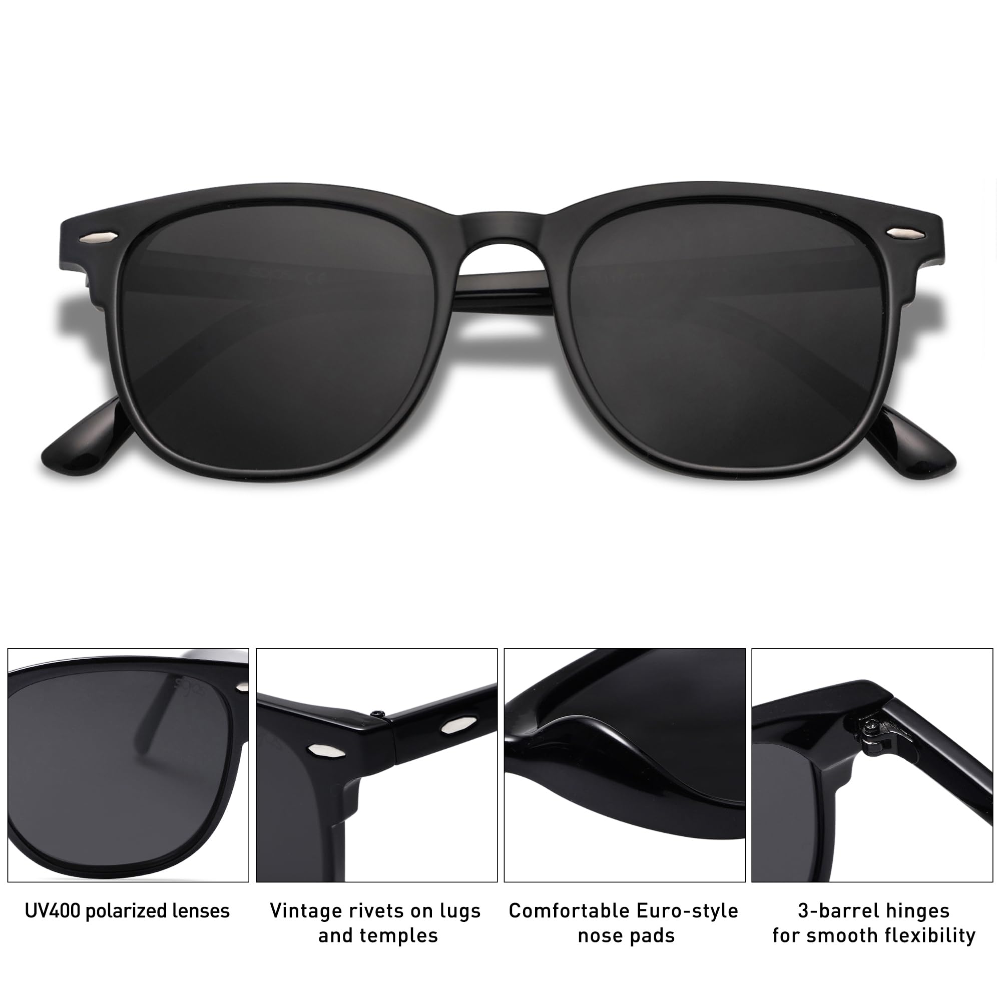 SOJOS Retro Vintage Square Polarized Sunglasses for Women Men UV Protection Lens TR90 Frame Sunglasses SJ2112, Black Frame/Grey Lens
