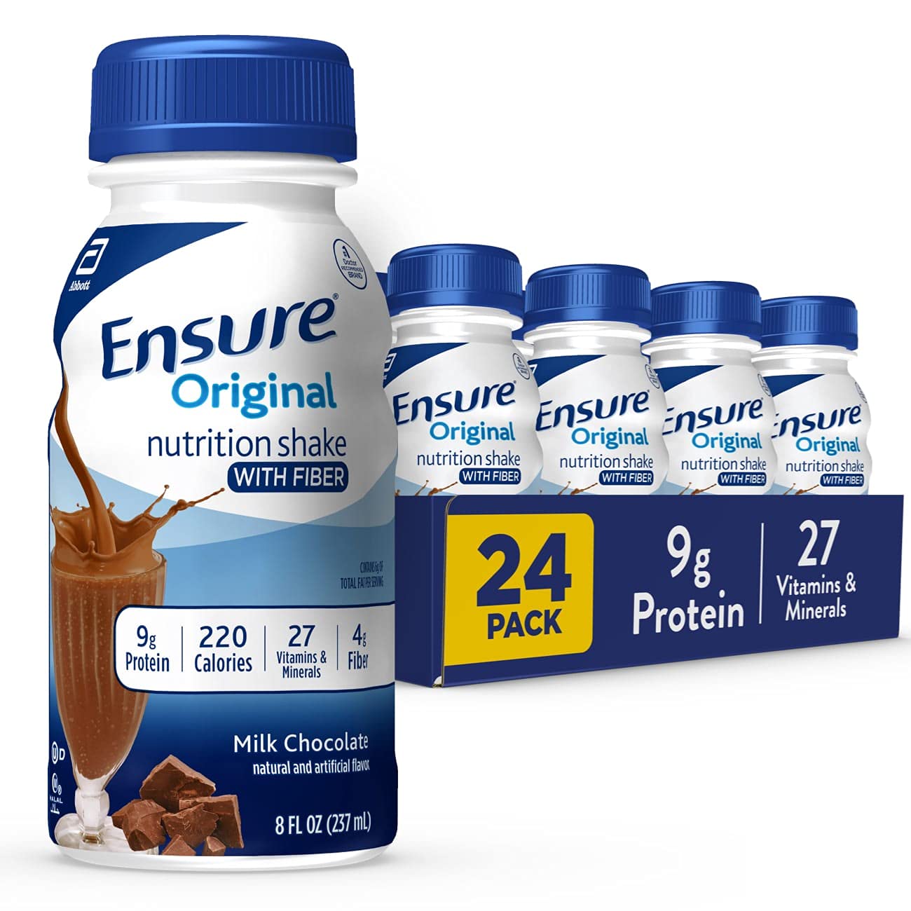 Ensure Original Milk Chocolate Nutrition Shake with Fiber| Meal Replacement Shake | Ready To Drink | 9g Protein, 27 Vitamins and Minerals | 8 fl oz - 24 Pack