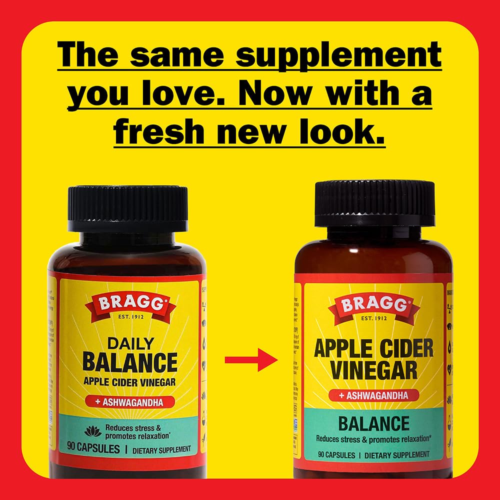 Bragg Daily Balance Apple Cider Vinegar and Sensoril Ashwagandha Capsules - 750mg of Acetic Acid – Energy & Weight Management Support - (90 Pills)