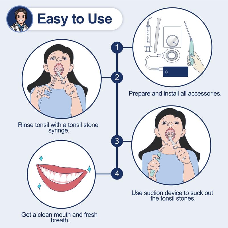 Tonsil Stone Remover Vacuum Electronic Tonsil Stone Removal Kit Instant Suction Tool Oral Irrigator Tonsil Stones Syringe Tongue Depressor 5X Magnifying Mirror 3 Modes Easy to Use