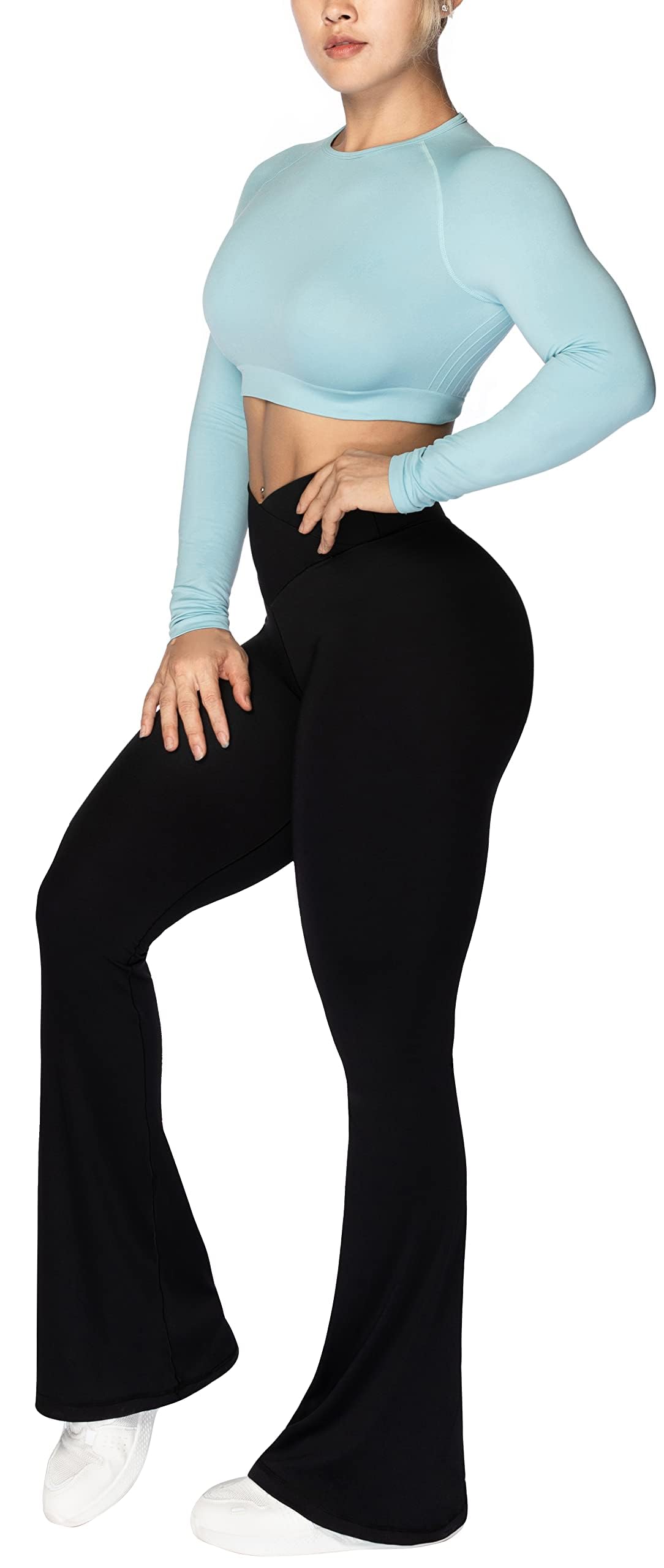 Sunzel Flare Leggings, Crossover Yoga Pants for Women with Tummy Control, High-Waisted and Wide Leg 34" Black Medium