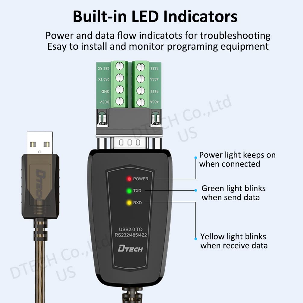 DTech USB to Serial Adapter RS422 RS485 R232 to USB Cable (3 in 1 Interface) Supports DC 5V with Breakout Board LED Lights for Multi-Kind Control Devices Windows 11 10 8 7 XP Mac (1.5ft)