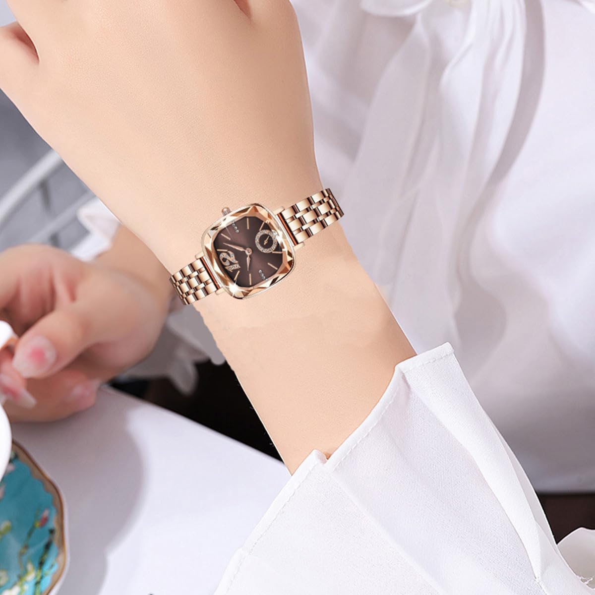 BESTKANG Women's Watch Square Diamond Dress Fashion Steel Belt Waterproof Quartz Wrist Watches for Women (Rose Gold Brown)