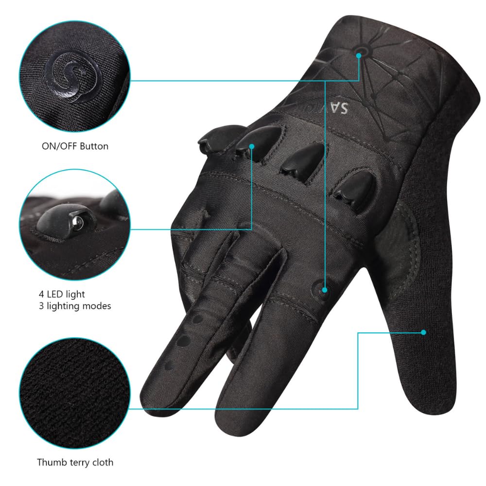 Anti-Slip Full Finger LED Flashlight Gloves for Walking/Cycling/Running/Fishing/Out Door activites Day or Night/Christmas Stocking Stuffers for Men. (1-Pair) XLarge.