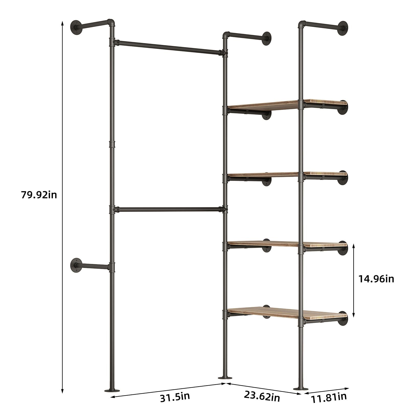 Woskar Industrial Pipe Clothing Rack, Hanging Rods Clothes Rack with Shelves, Clothes Rack for Wardrobe, Corner Closet System for Walk in Closets (Black, II-4Tier)