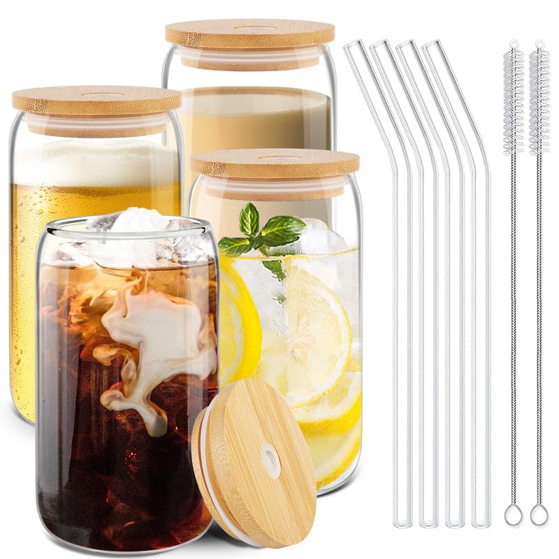 MOVNO Sublimation Glass Cups with Lids and Straws, 4 Pack 20oz Drinking Glasses with Bamboo Lid Iced Coffee Cup Can Shaped Cups Reusable Boba Cups Juices Cocktail Travel Bottle Gifts