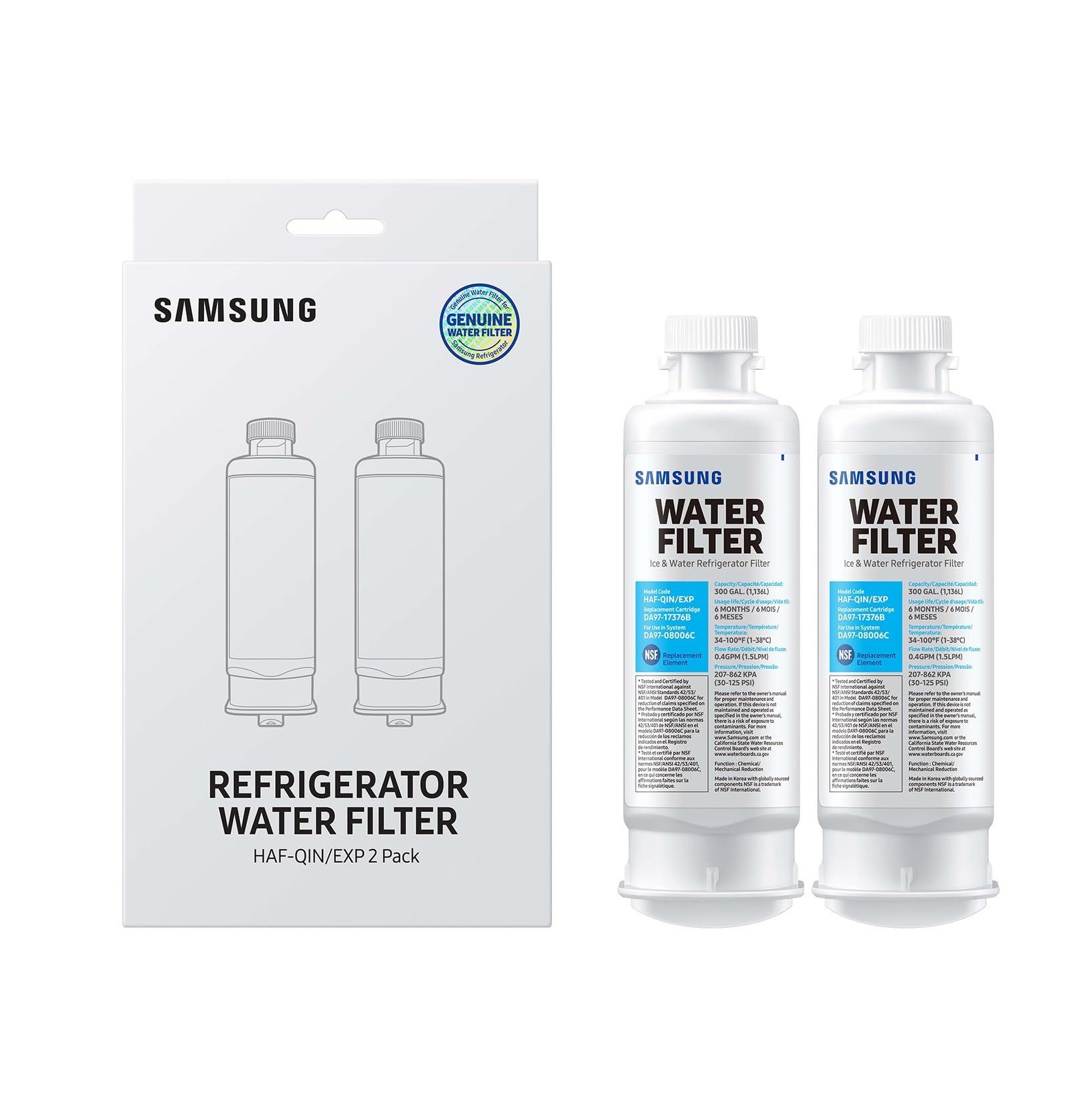 SAMSUNG Genuine Filters for Refrigerator Water and Ice, Carbon Block Filtration for Clear Drinking Water, HAF-QIN-2P, 2 Pack