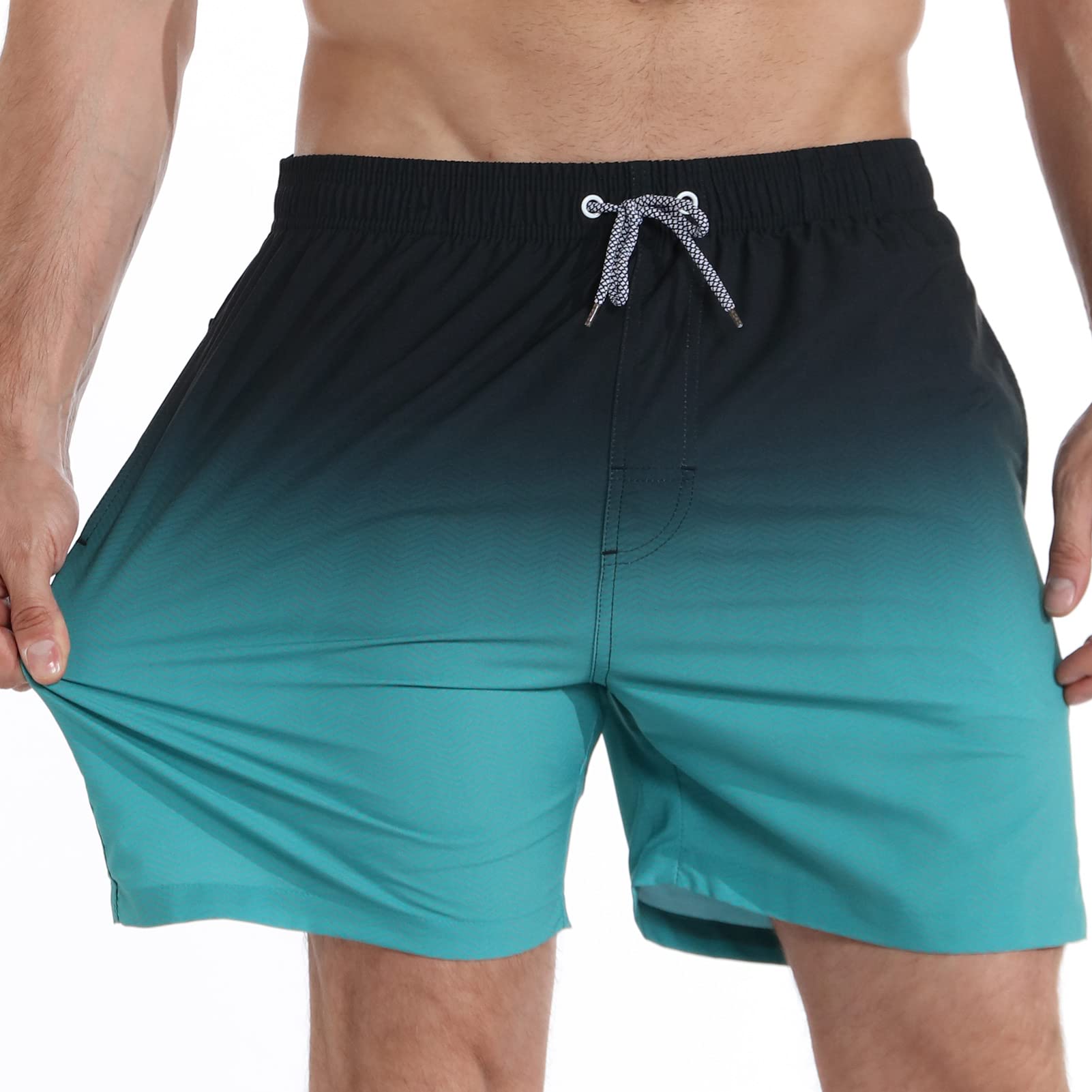 zeetoo Mens Swim Trunks with Compression Liner 5.5" Inseam Swim Shorts Quick Dry Shorts Gradient-Green M