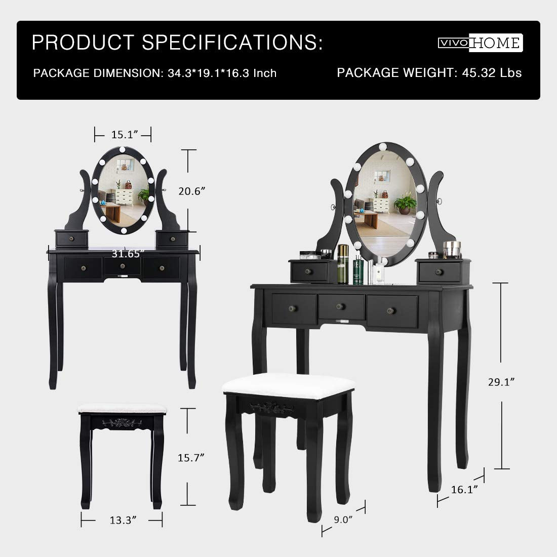 VIVOHOME Makeup Vanity Set with 10 Dimmable LED Bulbs, Dressing Table with 360° Rotating Lighted Mirror and Cushioned Stool, Black