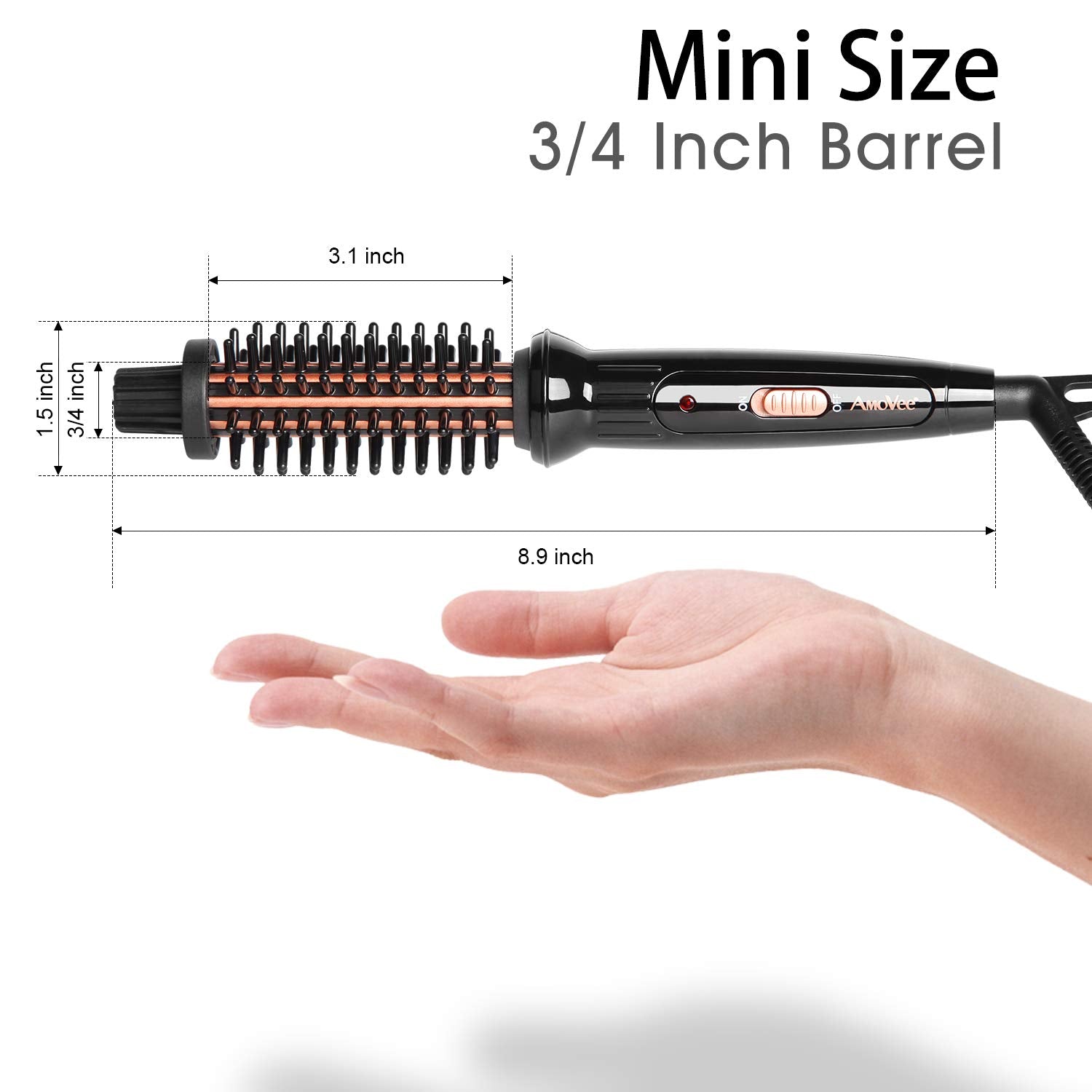 AmoVee Mini Curling Iron, 3/4 Inch Travel Hair Brush Anti-Scald Curling Wand Ceramic Tourmaline Hot Brush Barrel for Short Hair(100-240V)