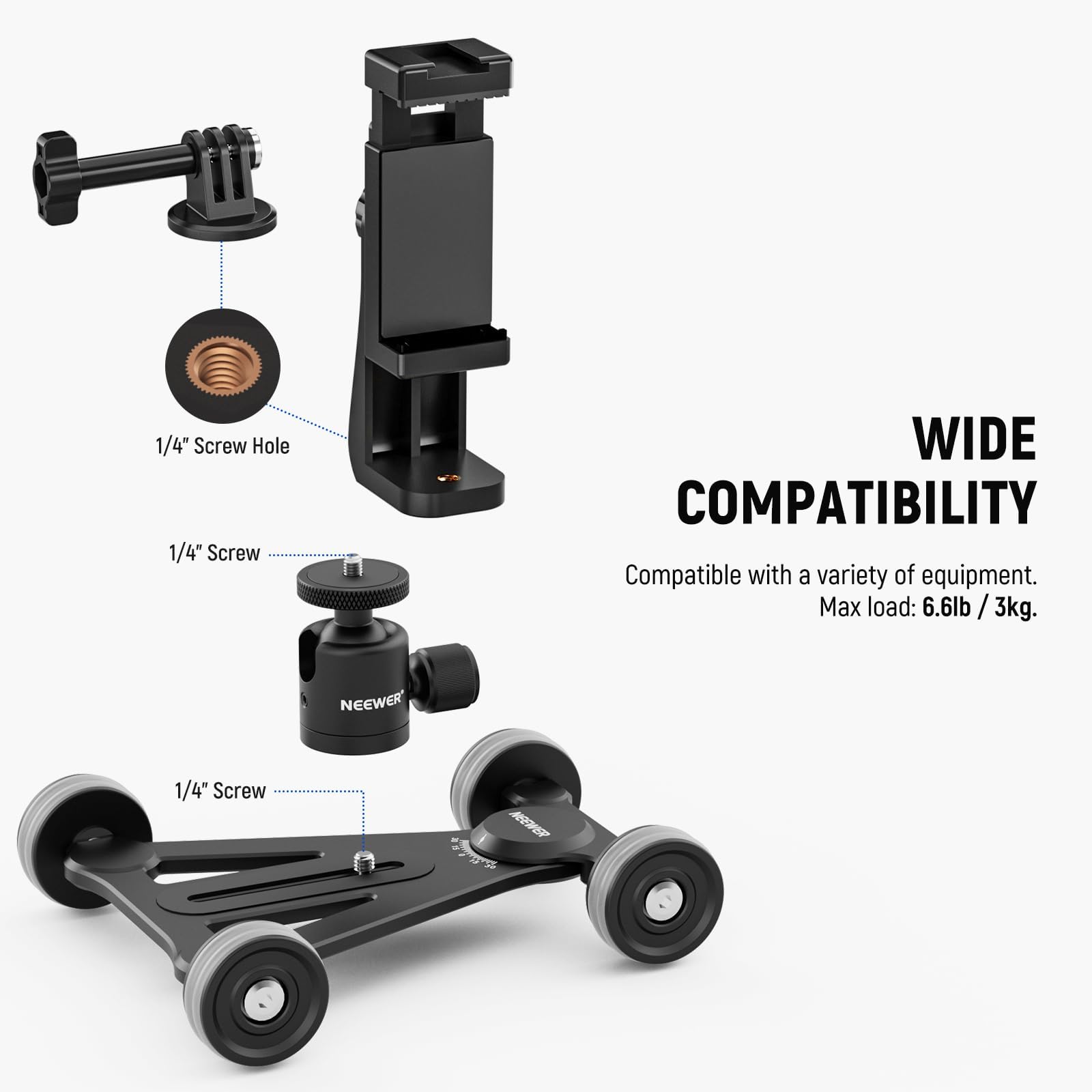 NEEWER Camera Slider Dolly with 360° Ball Head/Phone Clamp/Action Camera Mount Adapter, 4 Wheel Manual Dolly for ±30° Circular/Linear Movement, Compatible with GoPro Insta360 iPhone Android, SD002