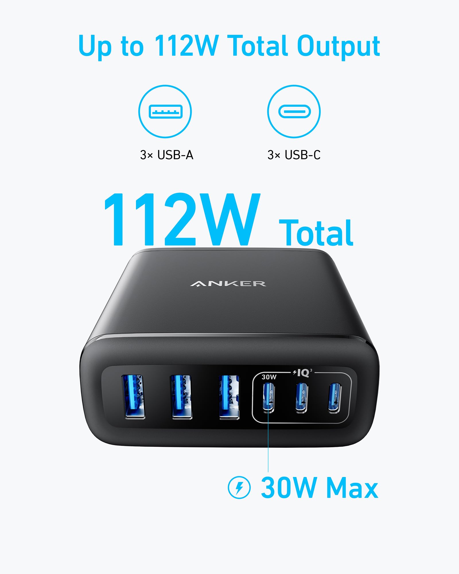 Anker Desktop Charger, Fast Charging USB C Charger, 112W Max 6-Port Charging Station, for iPhone, iPad, MacBook, Samsung and More (Cable Not Included)